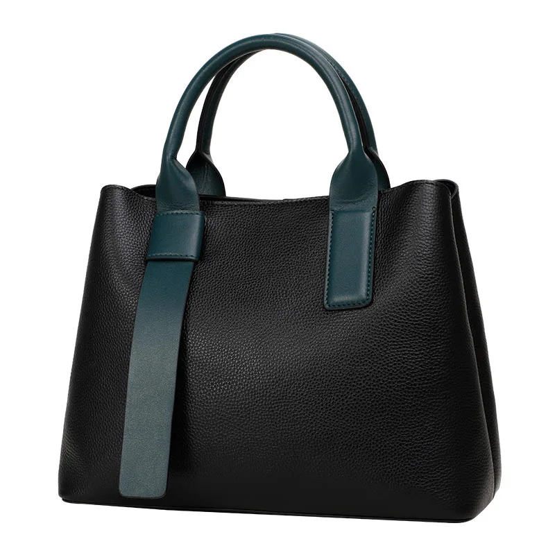 Aidrani Black & Teal Color Block Top Layer Leather Women Tote Bag, Large Capacity Multi-Pocket Handbag with Adjustable Strap