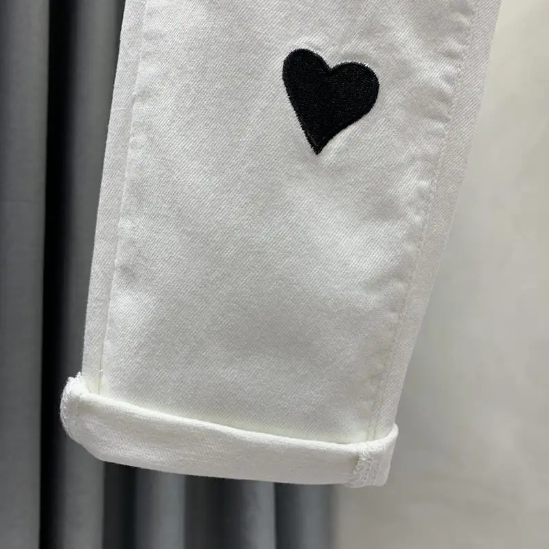 Women's Clothing Embroidery Heart Jeans White New High Waist Stretch Slim Fit Cropped Skinny Jeans White Women Pants
