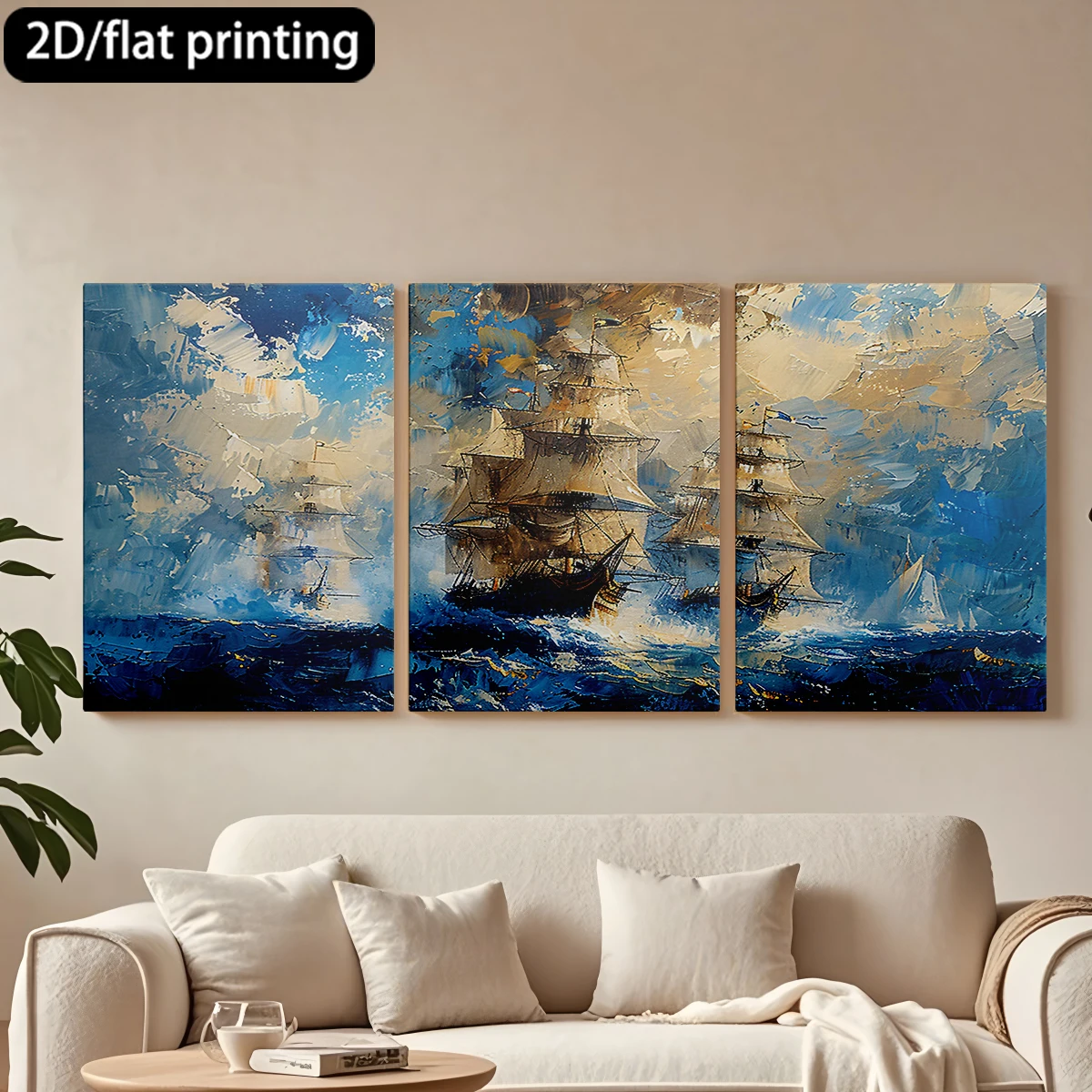 

2D плоская печать, набор из 3 картин на холсте в деревянных рамах, декоративная живопись маслом, парусники на море. Декор для коридора и спальни.