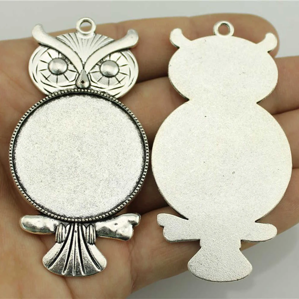 2pcs 35mm Inner Size Antique Bronze Antique Silver Plated Owl Cameo Cabochon Base Setting Charms Pendant