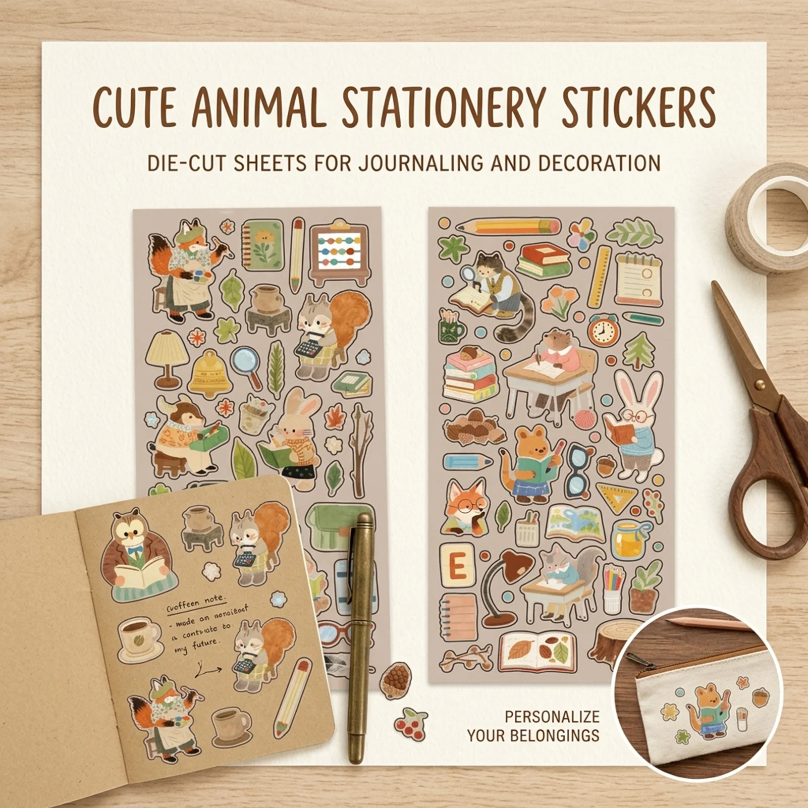 PET Transparent Sticker Sheet Forest Animal Illustration for DIY Journal Decoration 9*20.5cm Waterproof Scratch Resistant