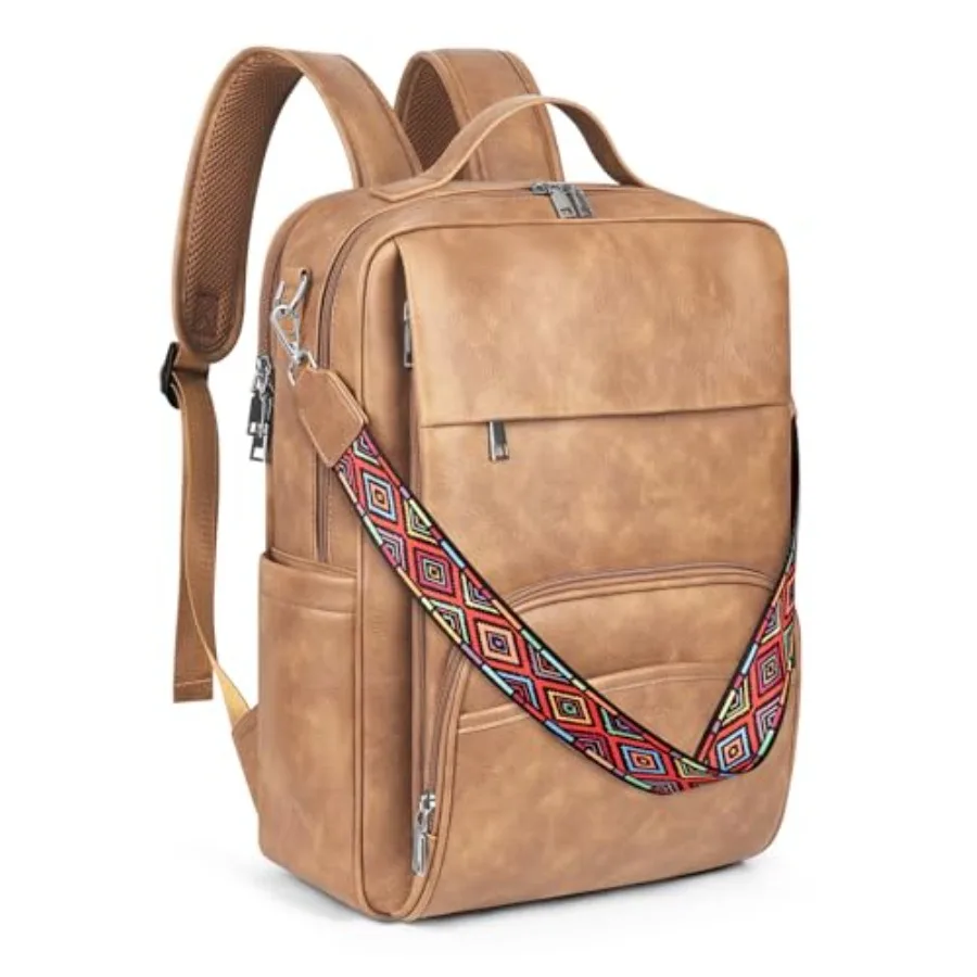 

Leather Laptop Backpack, 15.6 Inch Business Computer Bag, Designer College Backpack Travel Backpack with Colorful Shoulder Bag
