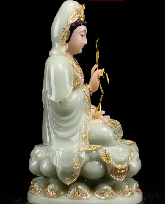 Luxury high gilding jade BUDDHA figure Goddess Guan yin GOD Avalokitesvara Asia HOME Prosperity Sculpture