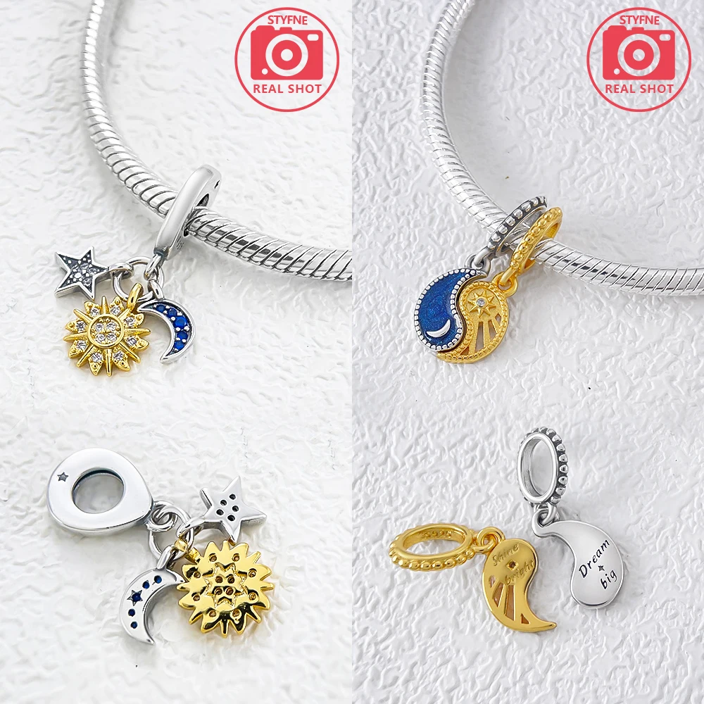 925 Sterling Silver Sun Moon Charms Beads Fit Original Bracelets Bag Keychain Charms Beads Pendant Diy Women Jewelry Gift