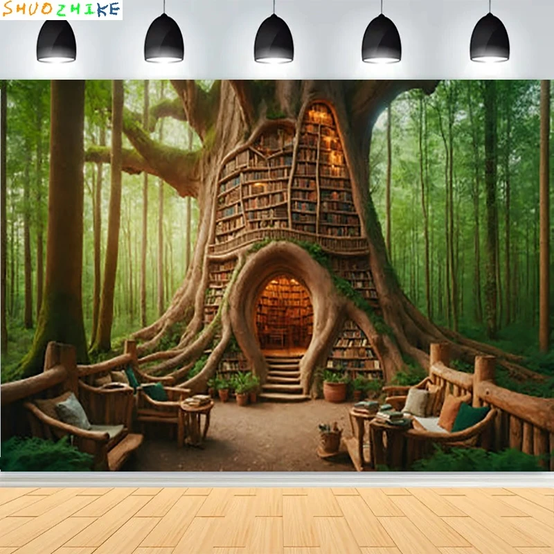 Fondo de fotografía de Castillo Medieval místico de cuento de hadas, accesorios de paisaje, bruja, libro mágico, mundo de fantasía, fondo de bosque MA09