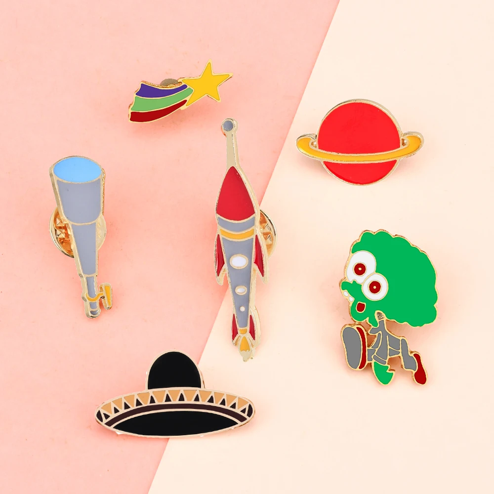 Creative Universe Enamel Pins Custom Aircraft Telescope Planet Rocket UFO Brooch Bag Lapel Pin Shirt Badge Jewelry Gift for Kids