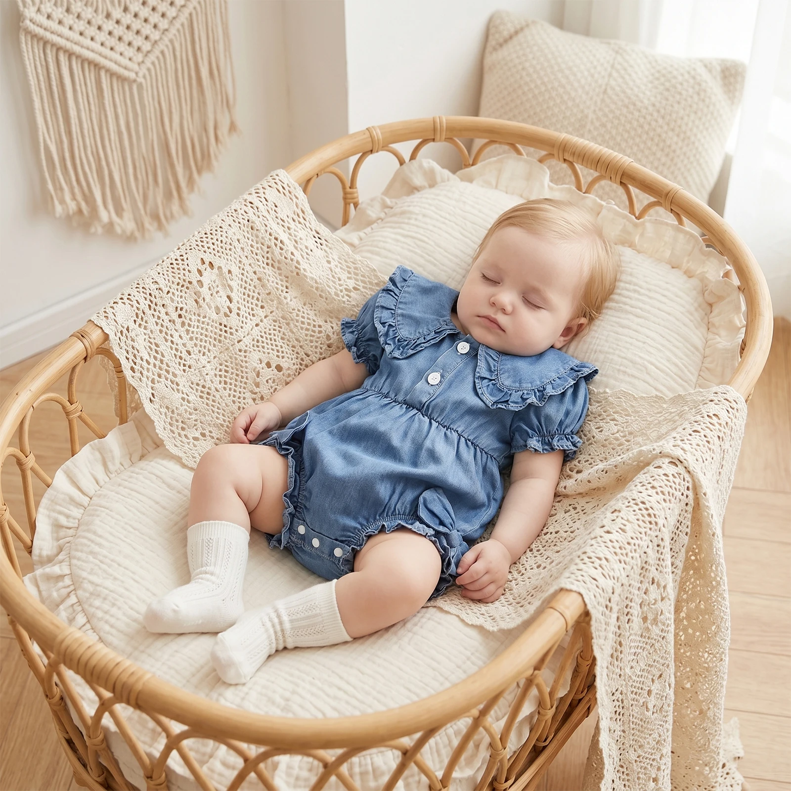 Baby Girl Denim Bubble Romper Ruffled Short Sleeve Half Button-up Doll Collar Jumpsuit Cute Summer Clothes