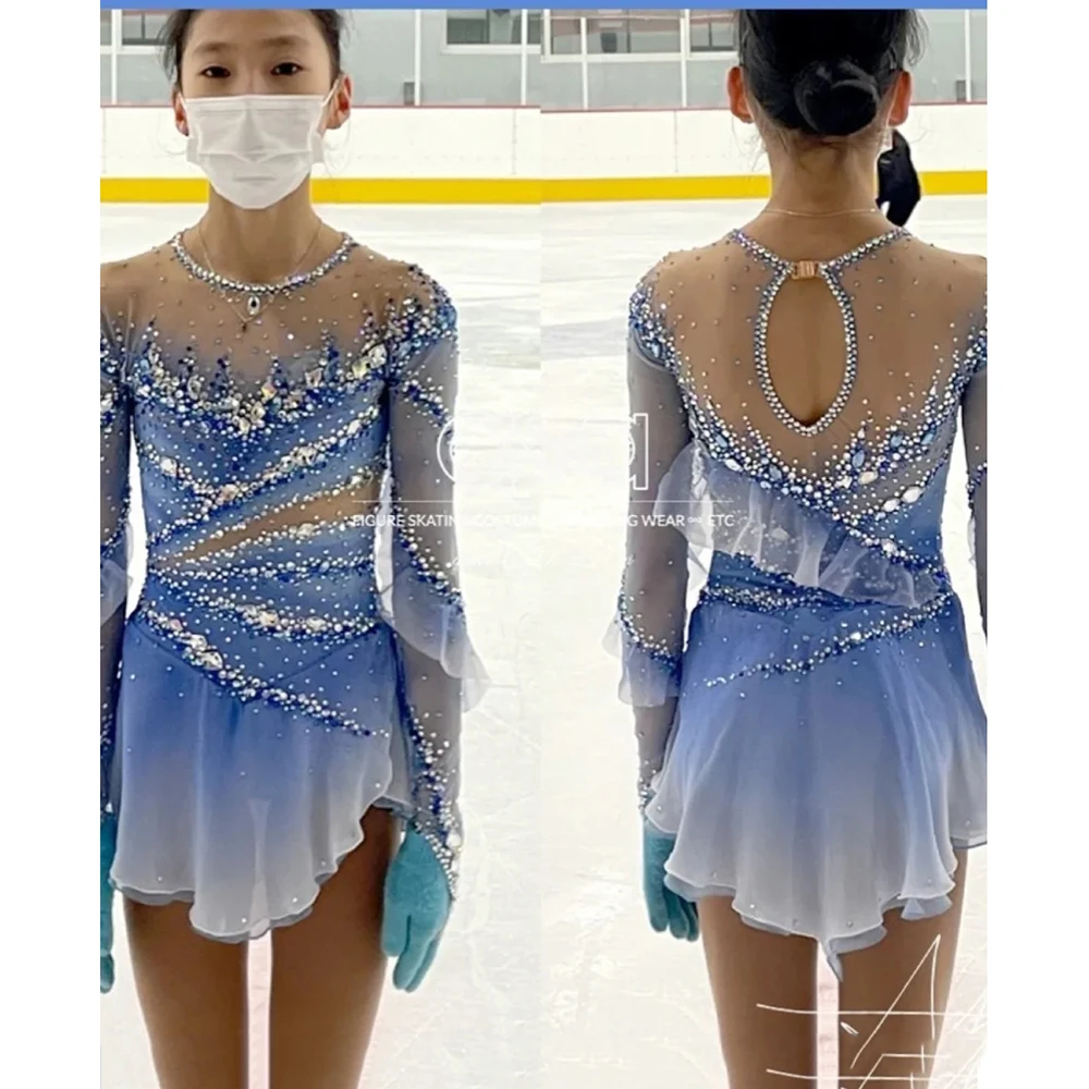 LIUHUO Figure Skating Skirt Girl Blue Mesh Skirt Show Competition Training Luxury Rhinestones