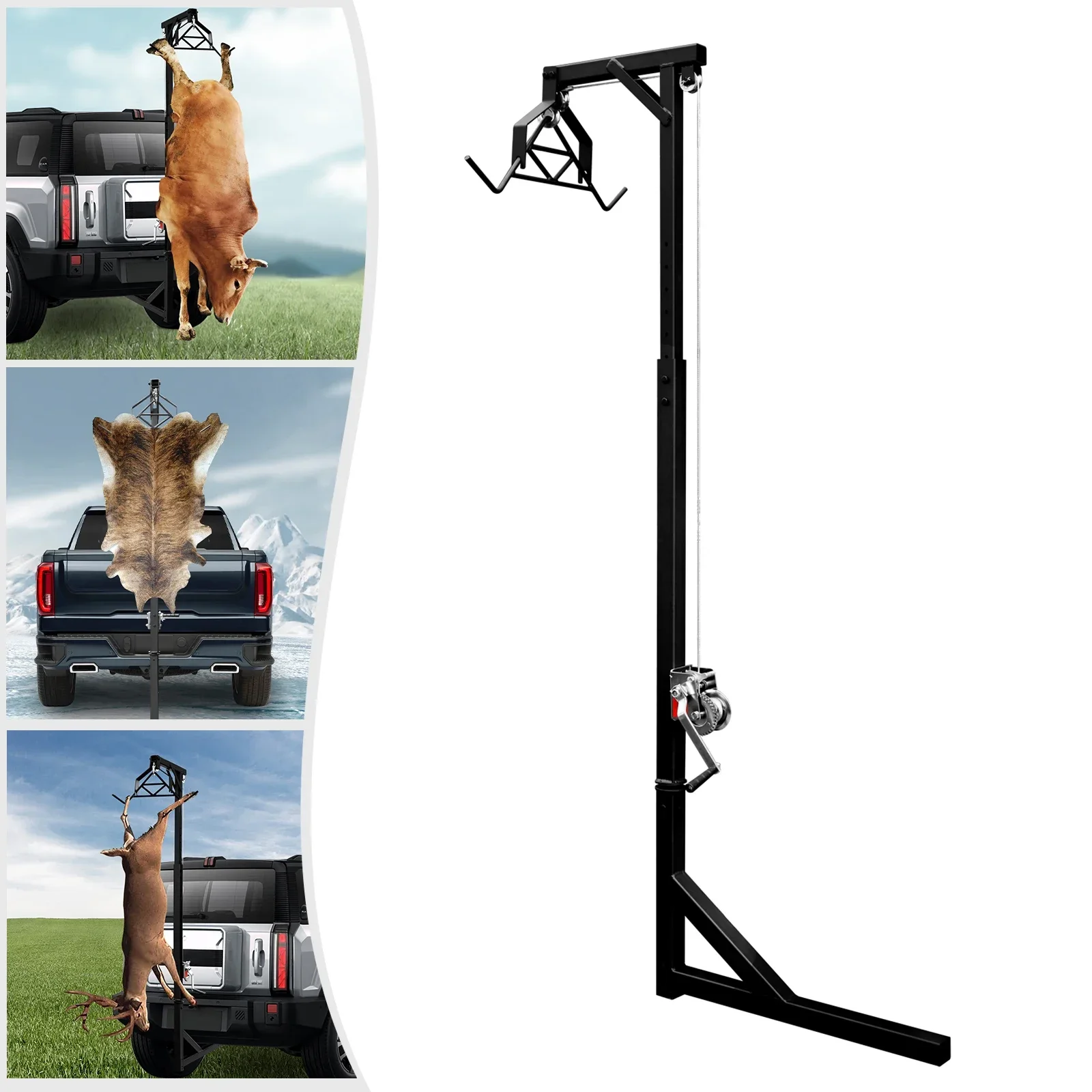 

500lbs Capacity Hitch Mounted Deer Hoist, Adjustable Height 74-102in, Heavy Duty Steel, 360° Rotation for Easy Lifting