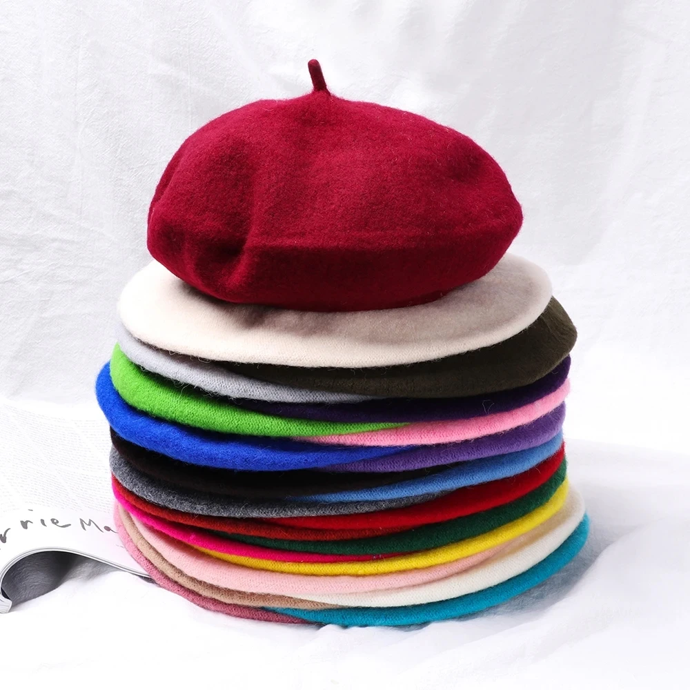 Hat Wool Beret Lady Autumn Winter British Retro Everything Autumn Candy Color Painter Octagonal Bud Hat