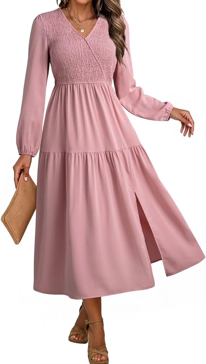 SxerxeS Fall Dresses for Women 2025 Long Sleeve V Neck Smocked Empire Waist Ruffle Tiered Casual Split Maxi Dress