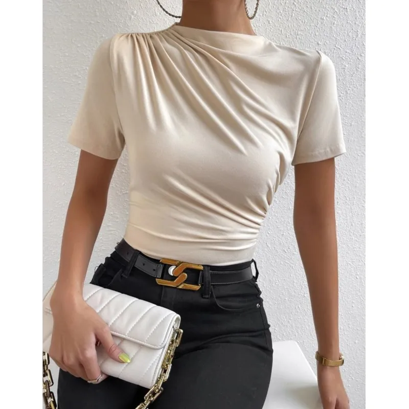 

2025 Spring Summer Women T-shirt New Fashion Versatile Solid Color Pleated Short Sleeve Ruched Slim Fit Pullover Top