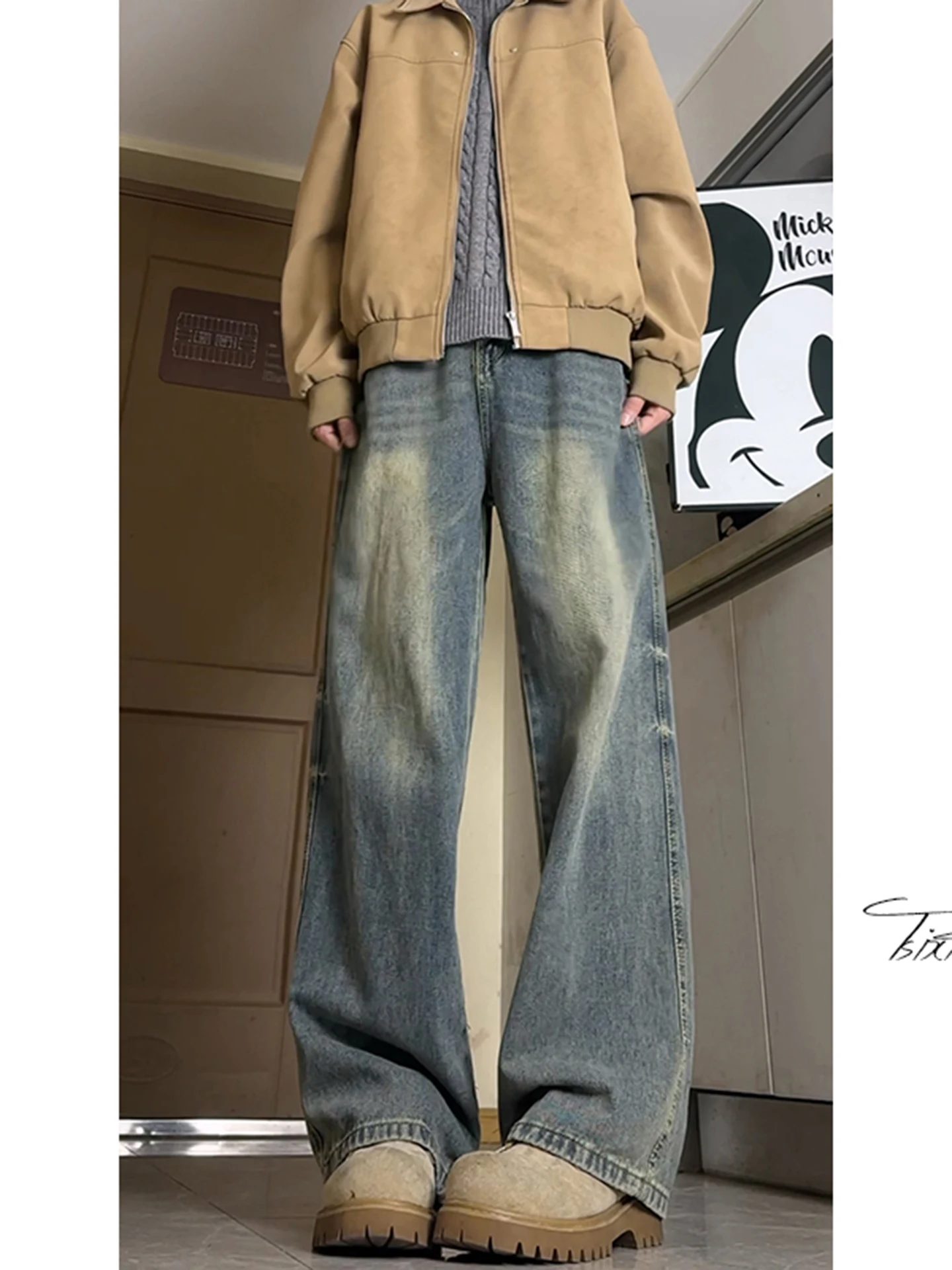 

Retro American Washed Men's Jeans Loose Straight Leg Spring New Simple Casual Wide Leg Pants Cotton Polyester Blend