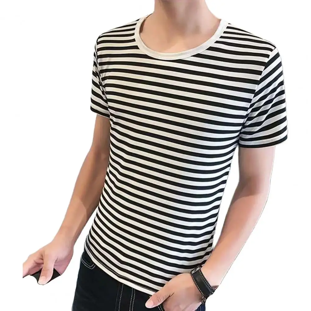 2024 New Spring and Autumn Fashion Pure Cotton Simple Casual O-neck Stripe Slim Fit Long Sleeve Oversized Youth Men's T-shirt