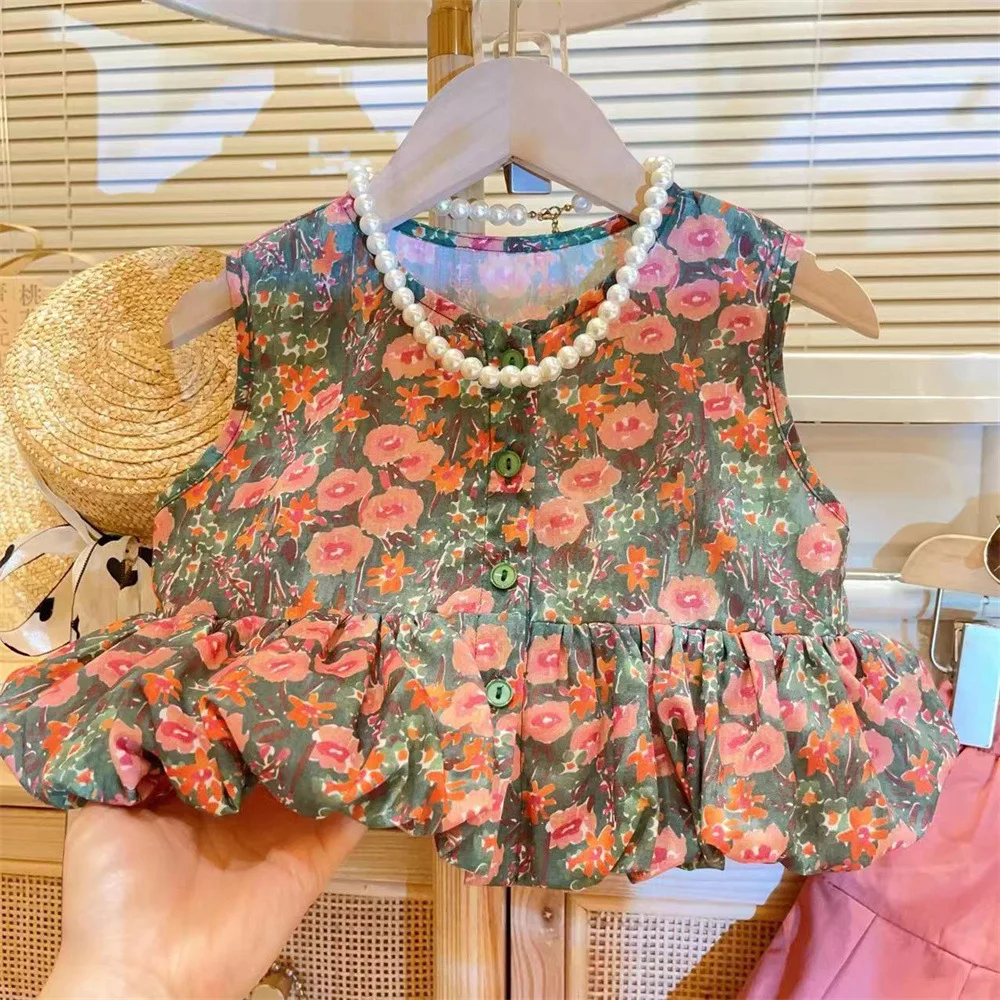 Girls Clothing Sets 2024 Summer New Children\'s Wear Ladies Style Fashion Floral Sleeveless Vest Top+wide Leg Skirt Pants 2-7Y