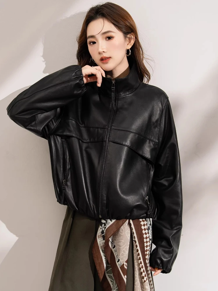 

Casual Short Genuine Leather Jackets for Women Spring Autumn Simple Stand Collar Batwing Sleeve Soft Black Real Sheepskin Coat