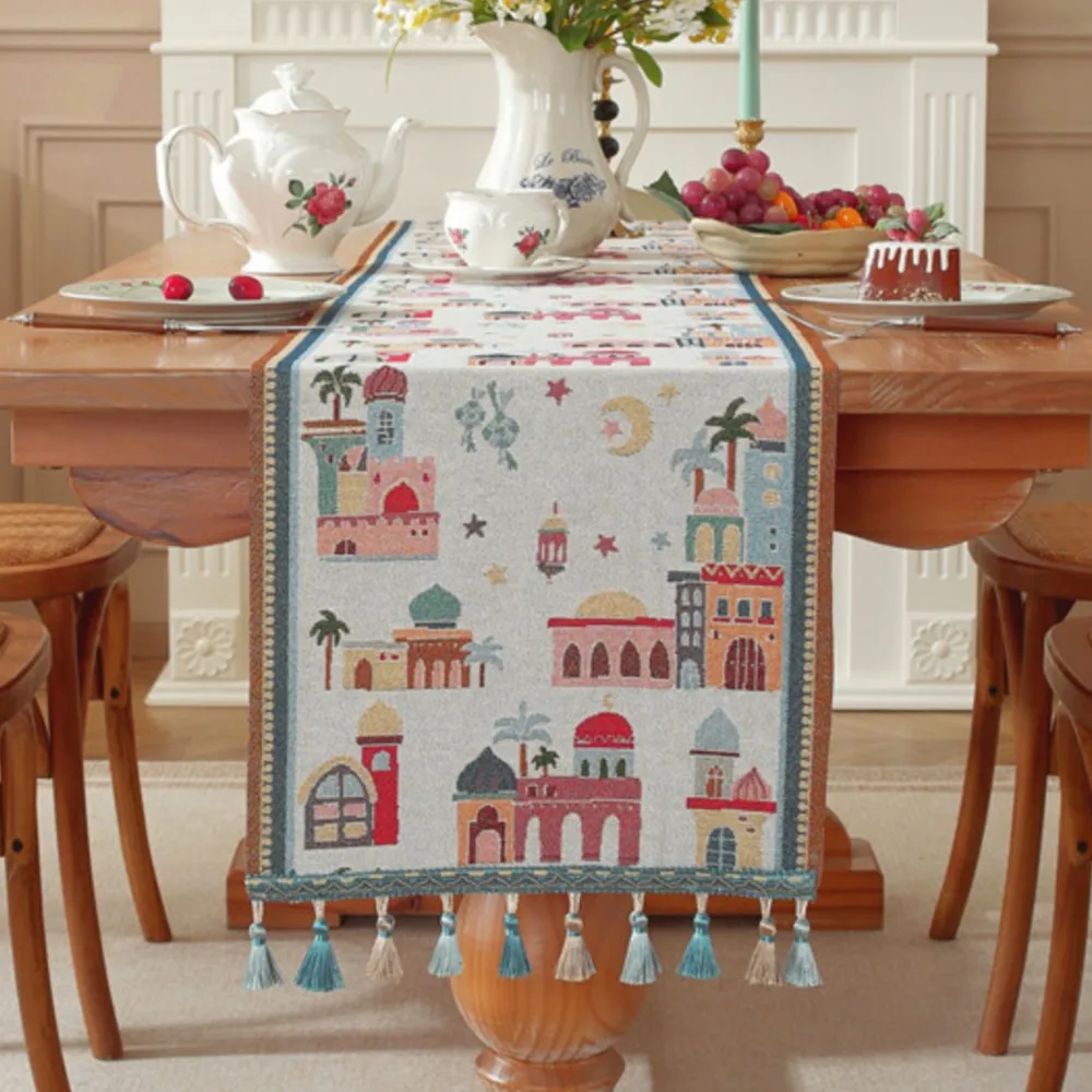 2026 عيد الفطر غزل مصبوغ الجاكار الجدول عداء البوليستر أضواء النجوم/الجمل/نمط القلعة شرابة تقليم السرير عداء/مفرش المائدة