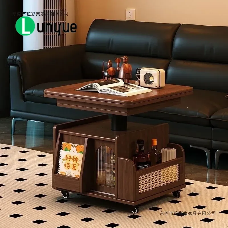 Solid Wood Mobile Tea Table Multi-functional Lifting Folding Cart for Living Room Sofa Dining Small Apartment Dual-purpose