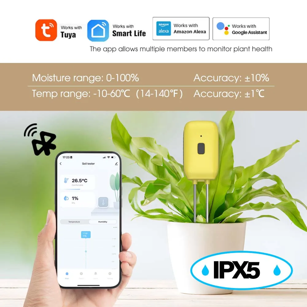 Bluetooth-compatible Soil Sensor Zinc Alloy Probes Monitors Soil Moisture & Temperature Garden Greenhouse Lawn IPX5 Waterproof