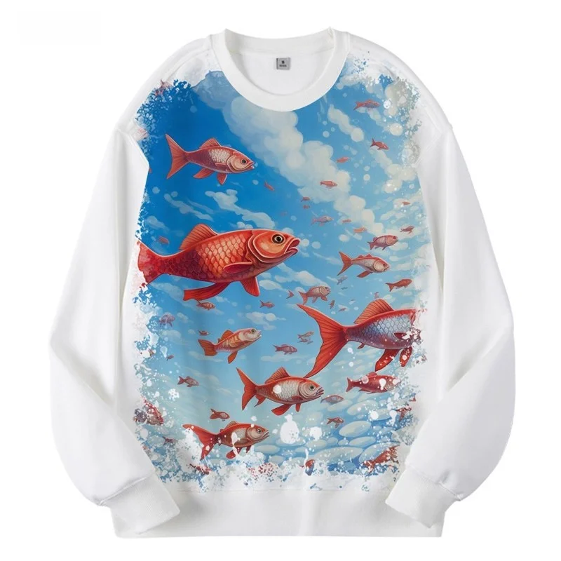 Sweater Pria Longgar Berlapis Fce dengan Pola Ikan Mas Cetak Digital, Gaya Kasual Bisnis Musim Dingin, Serat Poliester