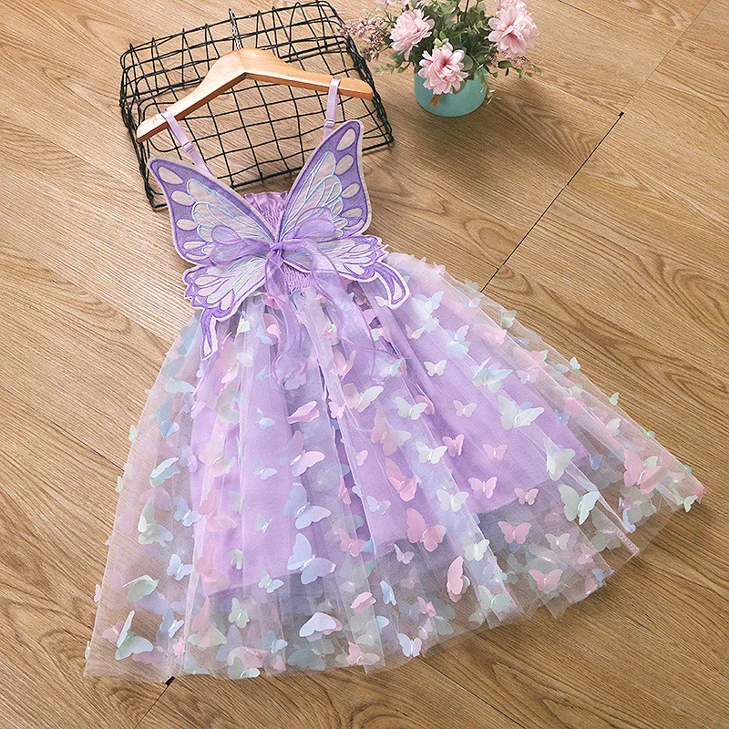 Fairy Girls 3D Butterfly Sling Mesh Dress 2024 Summer New Toddler Kids Cute Purple Big Wings Fluffy Princess Dress 3-8T