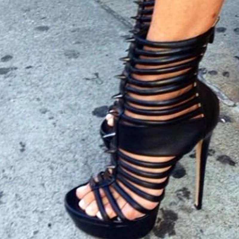 

Sexy Pointy Rivets Spike Open Toe Strappy Sandals Hollow High Platform Black Matte Leather Cage Shoes Thin Heels Women Pumps