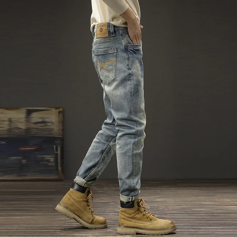 Newly Designer Fashion Men Jeans Retro Blue Elastic Slim Fit Ripped Jeans Men Trousers Italian Style Vintage Denim Pants Hombre