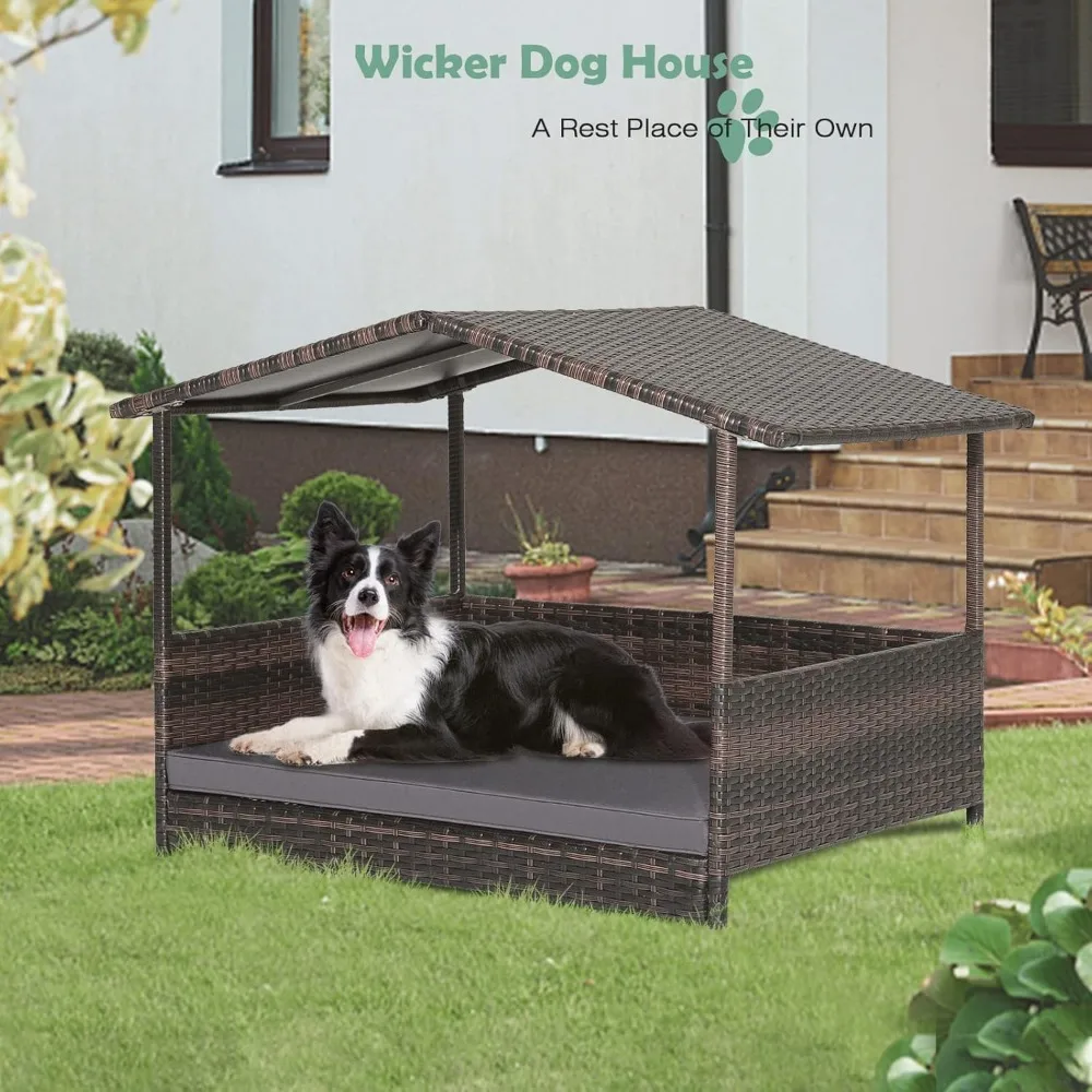 Wicker Dog Bed House, Indoor OutdoorRattan Dog Houses, Raised Dog Cot Pet House, Elevated Pets Sofa w/Washable Cover.