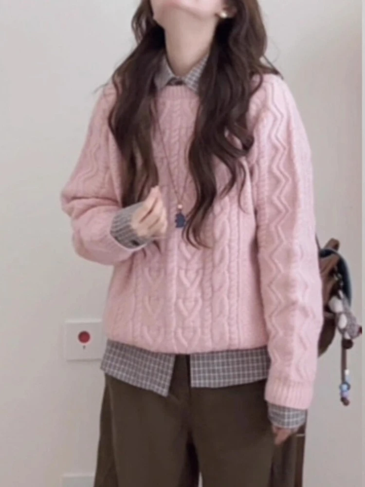 الكورية الأزياء لينة الوردي كابل متماسكة سترة ناعمة المرأة فضفاضة طويلة الأكمام الخريف الشتاء جديد مريح البلوز شيك كسول نمط الزي #6