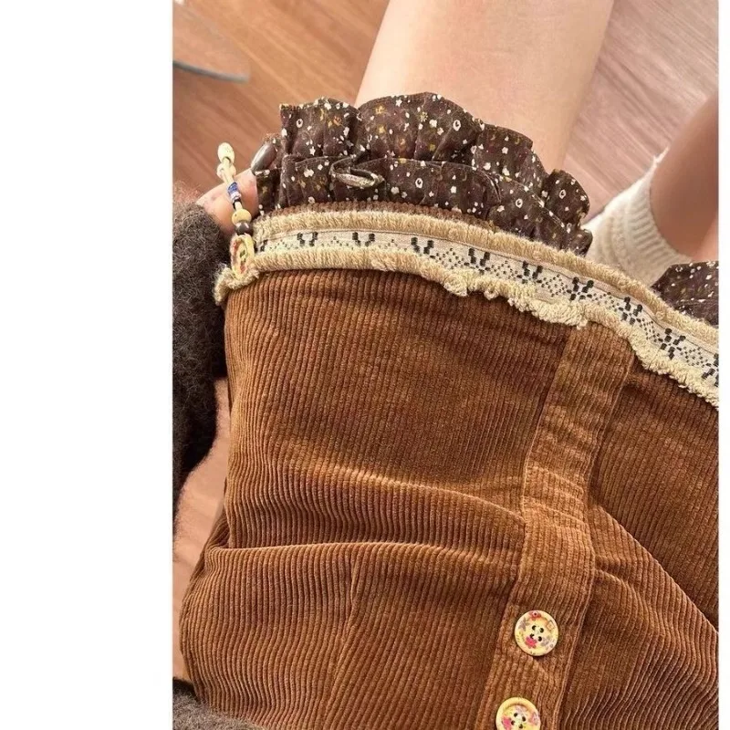 Skirt Pantskirt Woman Retro Corduroy Broken Flowers Lace Lotus Leaf Lace New Comfortable Brief Leisure Minority Individuality