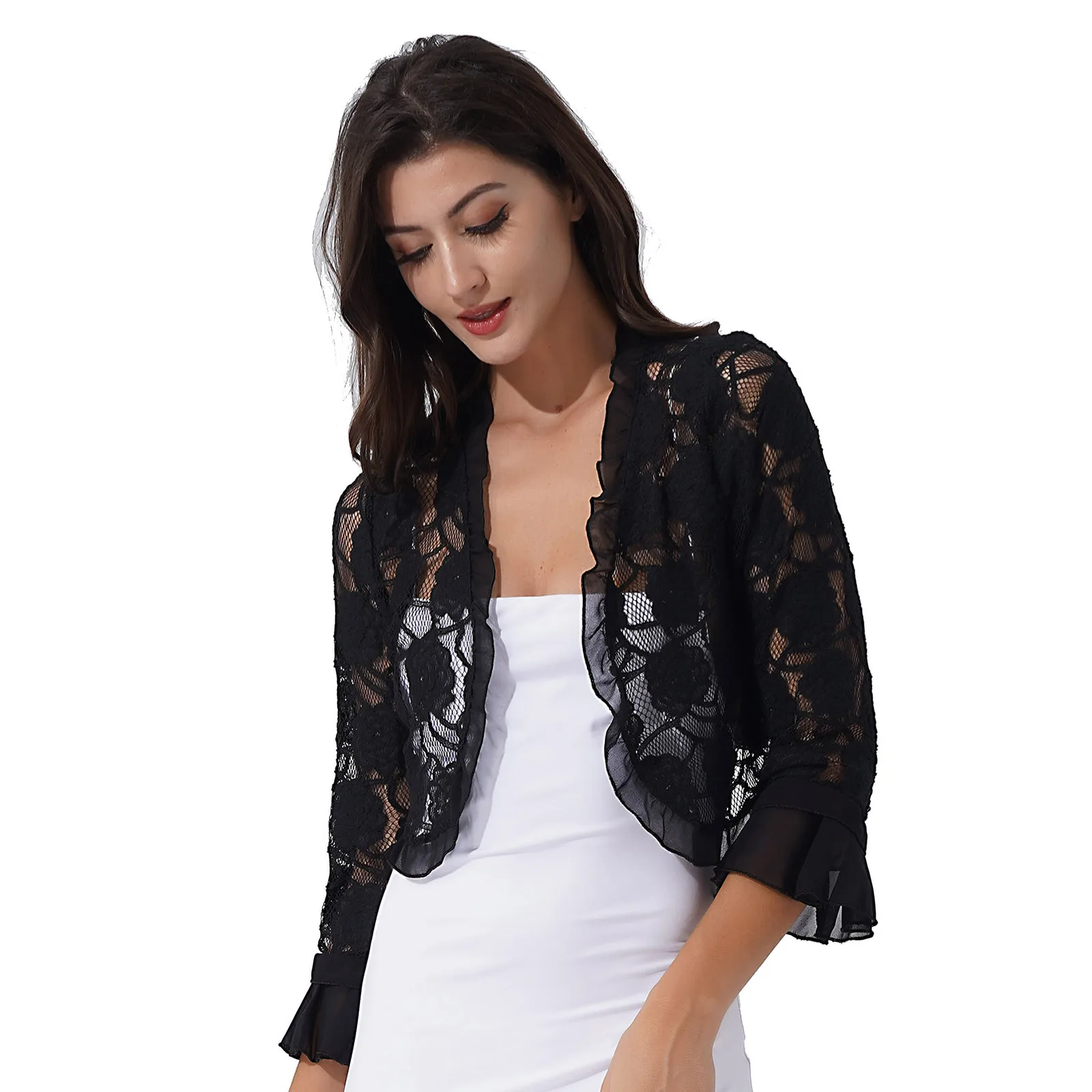 Elegant Women\'s Shawls Cardigan Bolero Half Sleeve Ruffle Open Front Floral Lace Shrug Shawl Capes for Wedding Evening Wraps