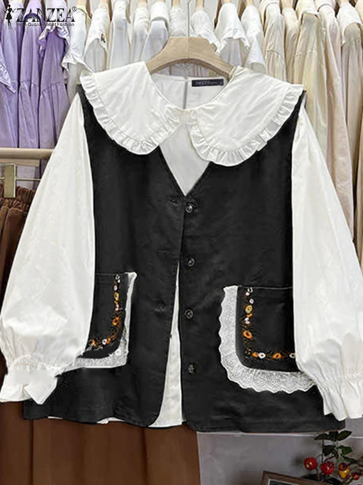 

ZANZEA 2025 Sweety Ruffled Stitching Shirts Women Fake 2PCS Blouse Fashion Long Sleeve Tops Holiday Spring Doll Collar Tunics