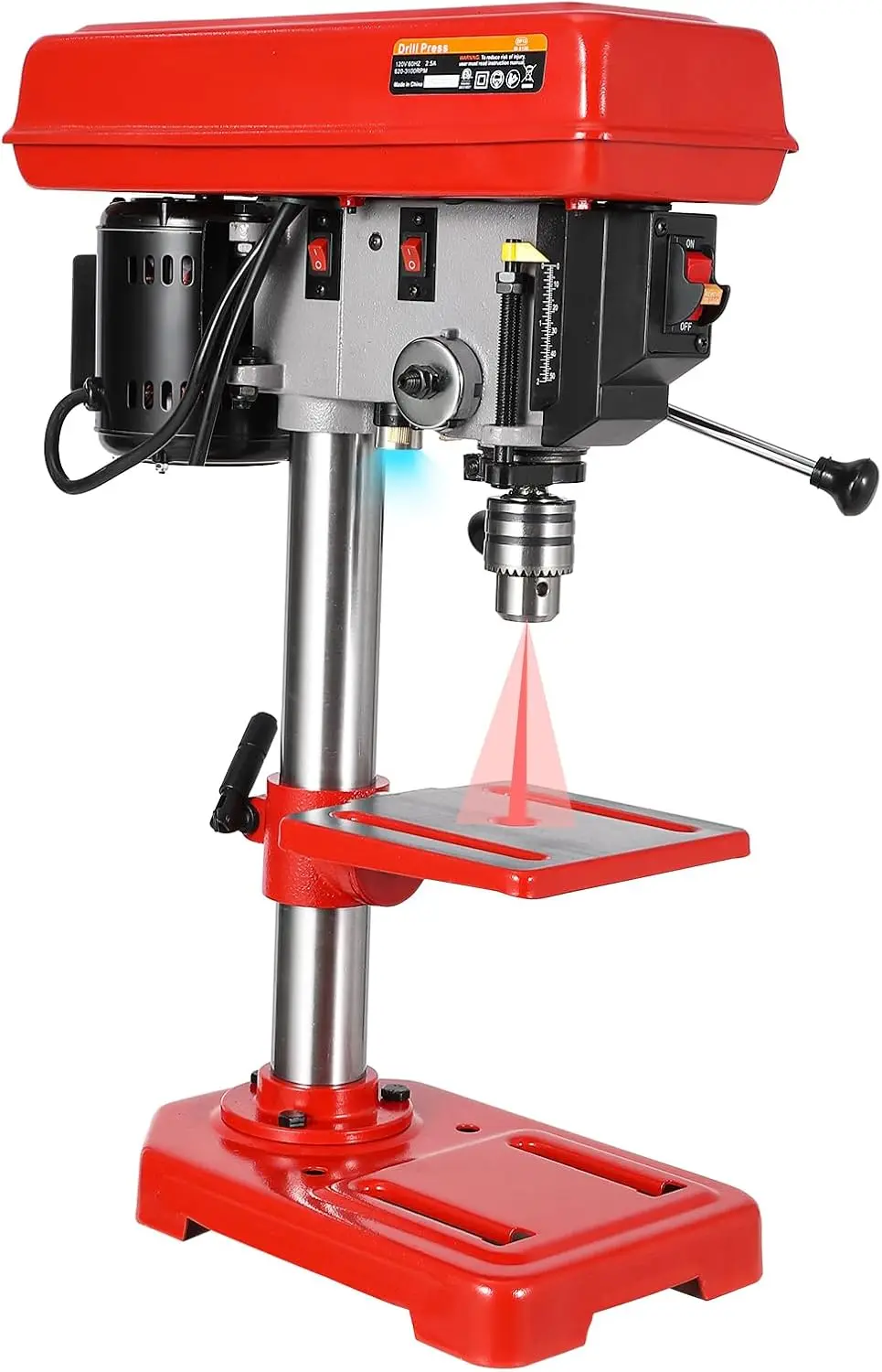 Taladro de Banco con Láser, Máquina de Perforación de Sobremesa con Velocidades Ajustables, Mesa de Trabajo Inclinable, Luz LED, para Madera y Metal