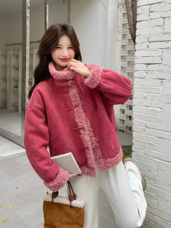 Pink Lamb Fur Jaet Women's ort Sle Warmth Inteated Leather And Fur Autumn And Winter New Faion Anti-Aging Outerwear