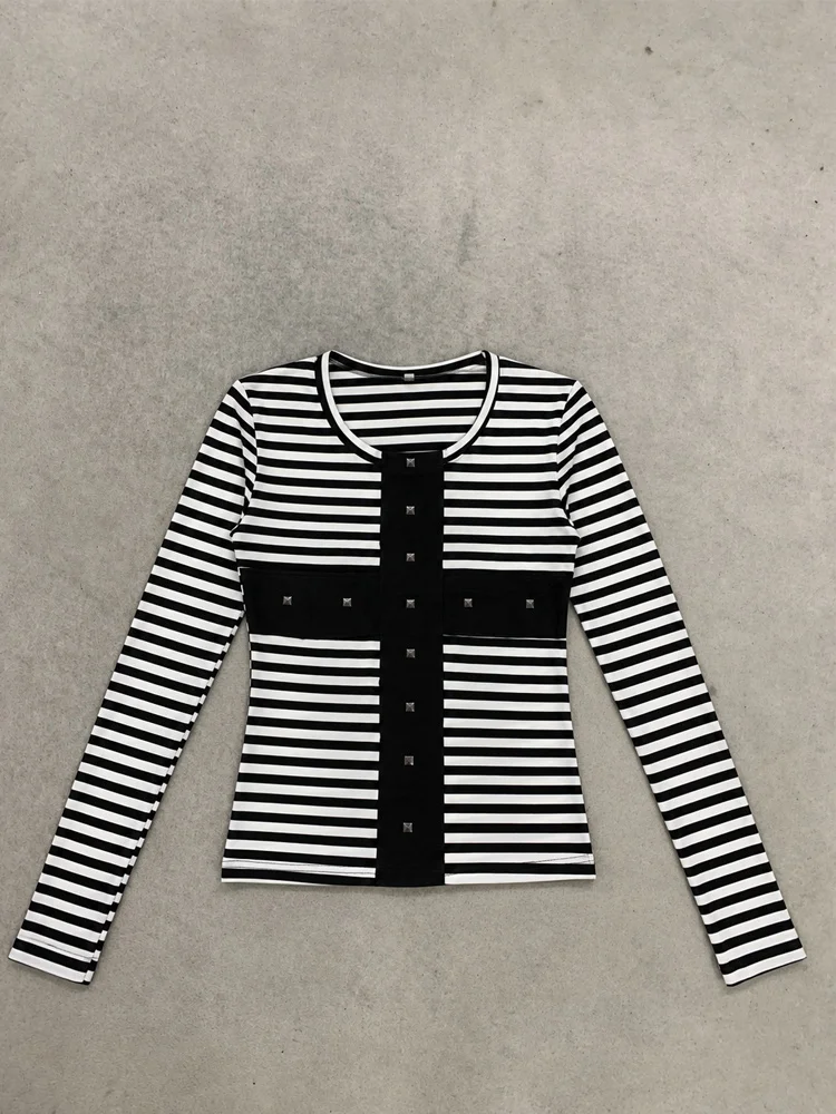 Y2K Women Black White Striped Long Sleeve Top Studded Cross Design Slim Fit Shirt Vintage 2000s Streetwear Casual Tee