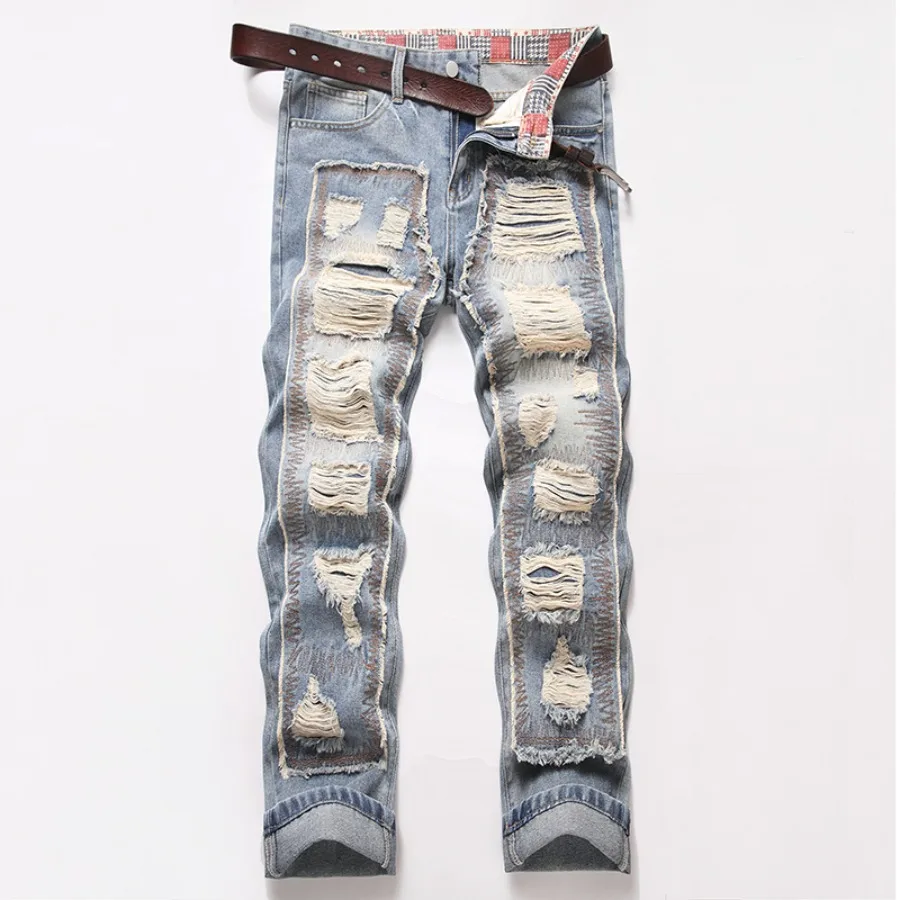 2026 New Autumn Men's Ripped Jeans Straight Tube Loose Casual Patch Trendy Fashion Versatile Denim