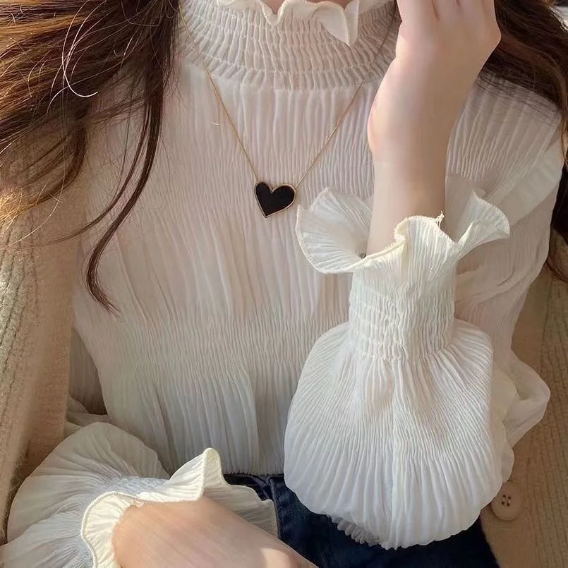 Chiffon Blouse Women Auricular Edge Fairy Gas 2023 New Korean Version Loose Foreign Style Court Bottom Coat