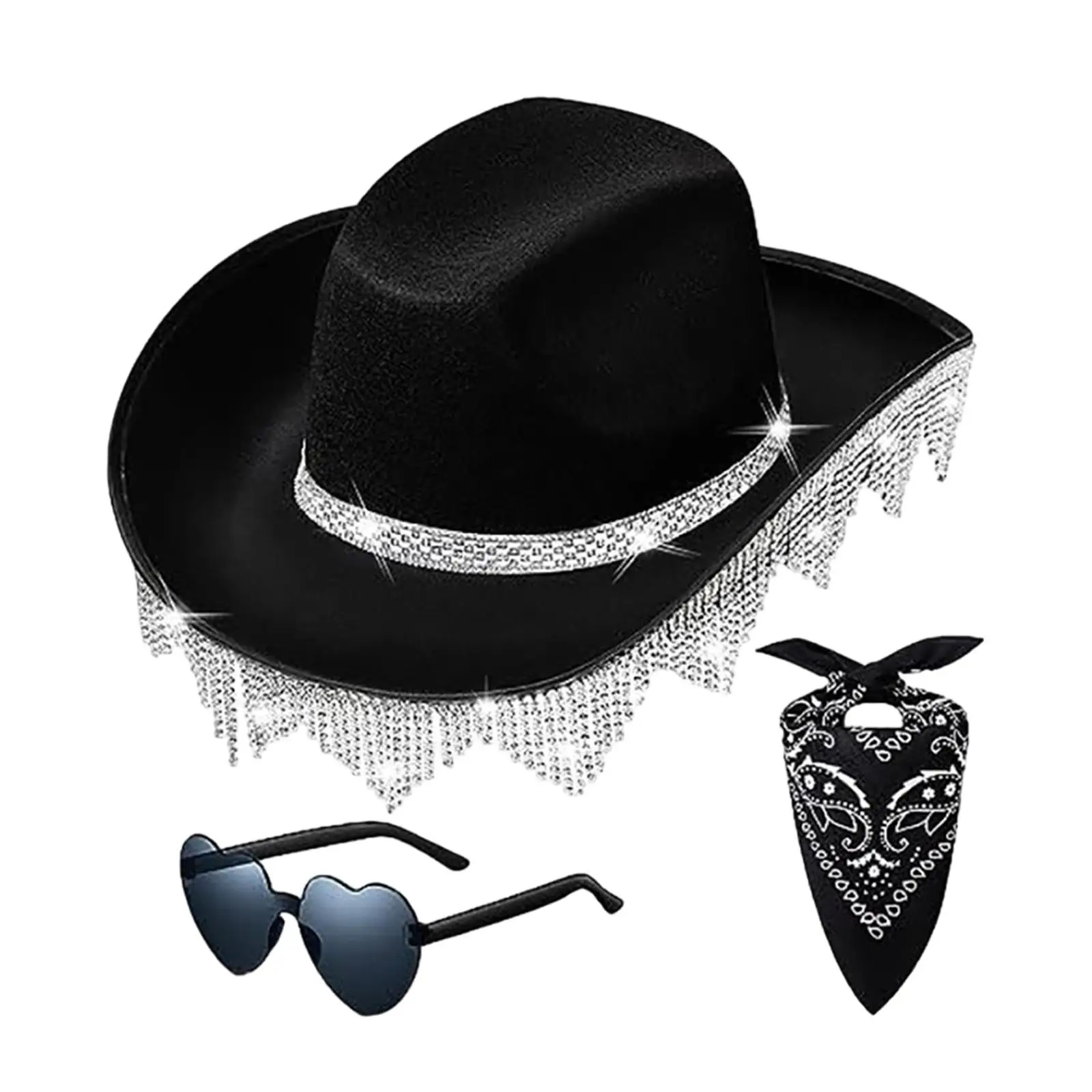 Rhinestones Tassels Cowboy Hat with Bandana Sunglasses Sunhat for Fishing Stage Performance Dressing up Carnivals Masquerade