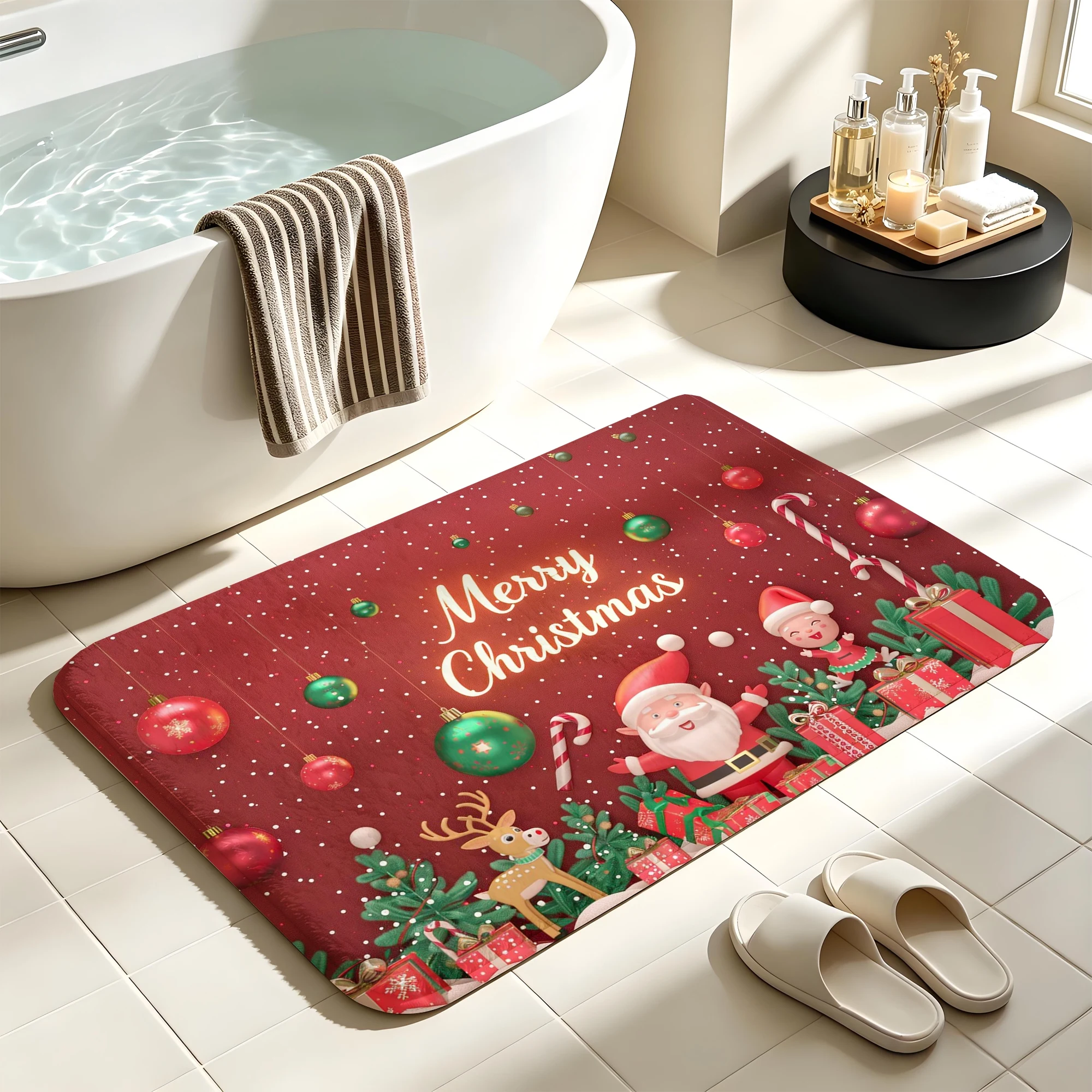3D Santa Elf Reindeer Candy Cane Print Plush Absorbent Sponge Mat,Bathroom Non‑Slip Mat & Decorative Door Mat