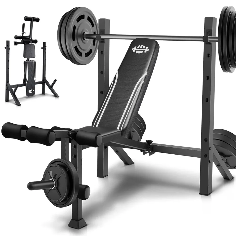 900LBS Weight Bench Set with Squat Rack, Adjustable Bench Press Set with Leg Extension and Leg Curl, Flat Incline, Customized