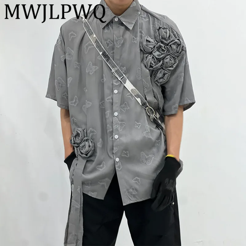 MWJLPWQ 2025 جديد الفضة زهرة تصميم قميص رجالي التلبيب الشارع الدانتيل يصل المد فضفاض عادية كم قصير للجنسين بلوزات أنيقة 11786