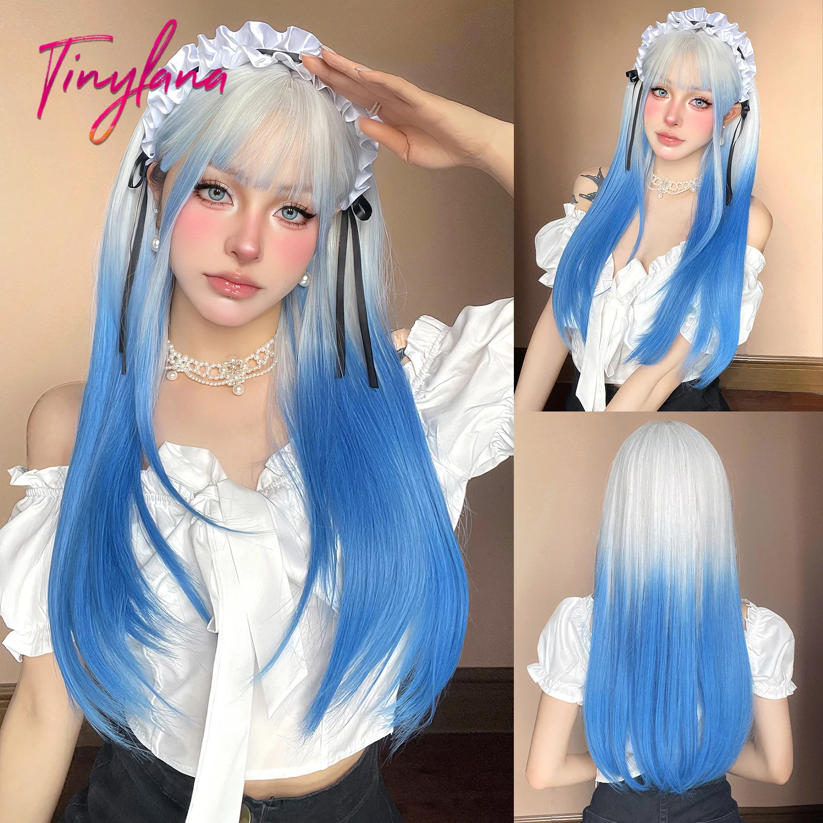 Pelucas sintéticas largas degradadas, blancas y azules con flequillo, peluca de Cosplay colorida y recta azul para mujer, pelo Natural resistente al calor