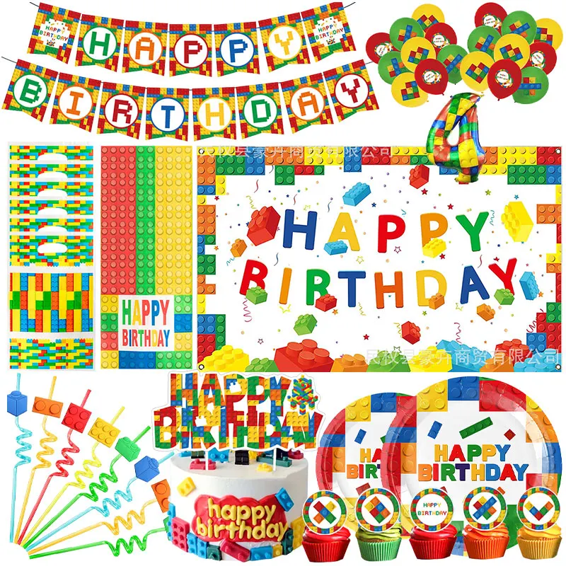 Nouveau bloc de construction décoration de fête d'anniversaire blocs de construction colorés assiettes tasse serviettes vaisselle nappe fournitures enfants garçons