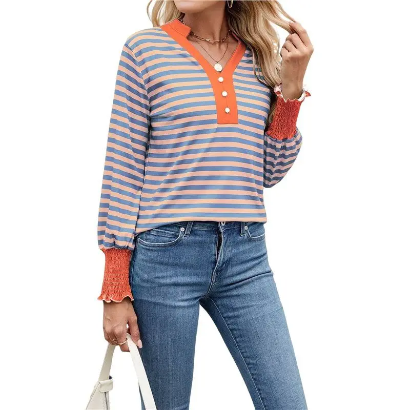 CYL-Damen Übergroße gestreifte Sweatshirts Langarmshirt Baumwolle Loose Fit Henley Tops