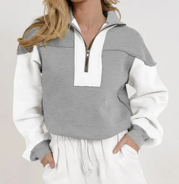 

Hot Selling Women's Zippers, Contrasting Colors, Loose Decorative Lines, Long Sleeves, Trendy and Personalized Hoodies