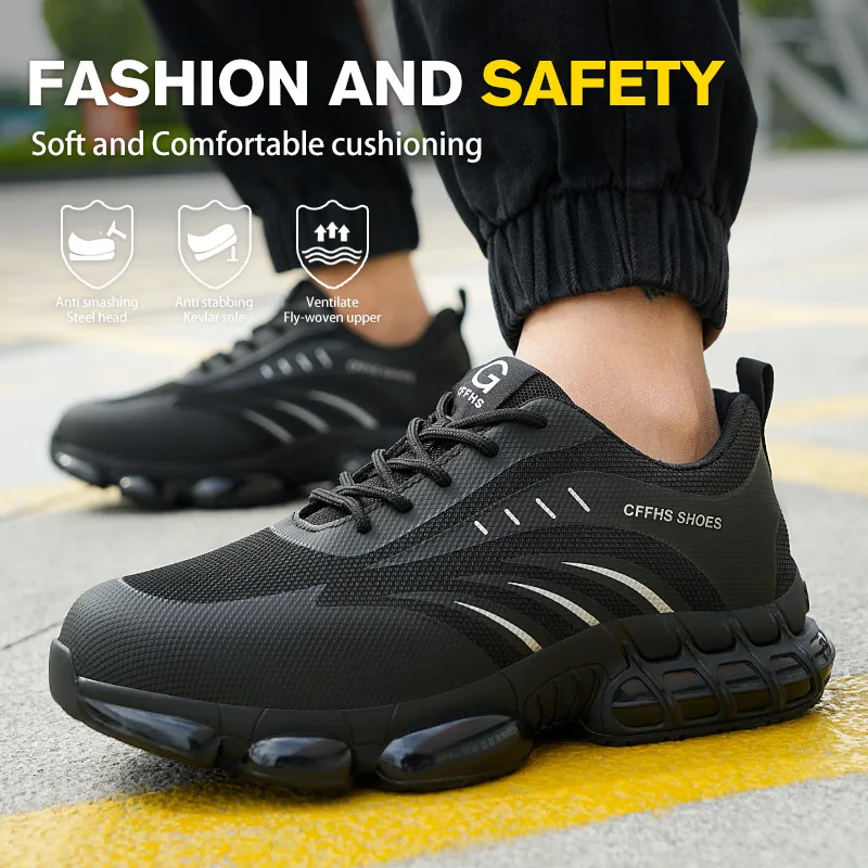 Schwarze Sicherheitsschuhe mit Stahlkappe, leichte Arbeitsschuhe für Damen und Herren, industrielle Sicherheitsstiefel, rutschfeste Arbeitsschuhe_voghion.com