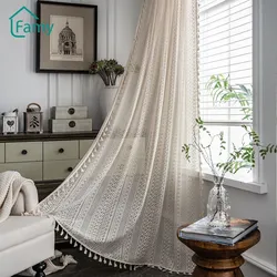 Crochet Curtain Translucent Living Room Curtains Set American Country Hollow Boho Balcony Bedroom Finished Bay Window Art Decor