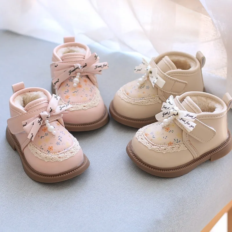 Kids'Casual Shoes Color Blocking Bow PU Leather Fashion Autumn Shoes For Children Warm Anti-slip White Pink Size 16-20
