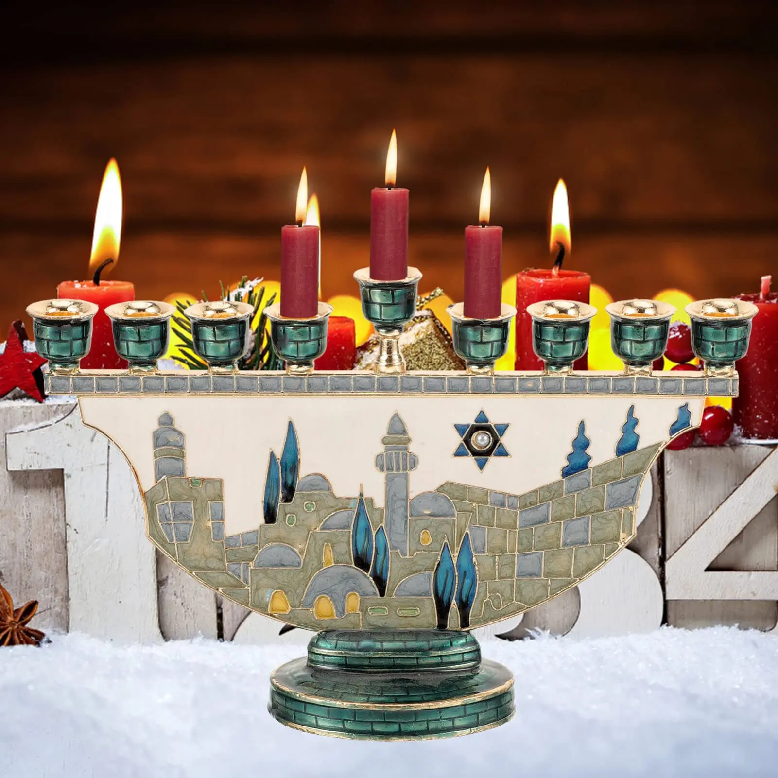 Jerusalem Menorah Hanukkah Candle Holder 9 Branch Enamel Judaica Chanukah Candelabra Star of David Home Religion Gift Decor