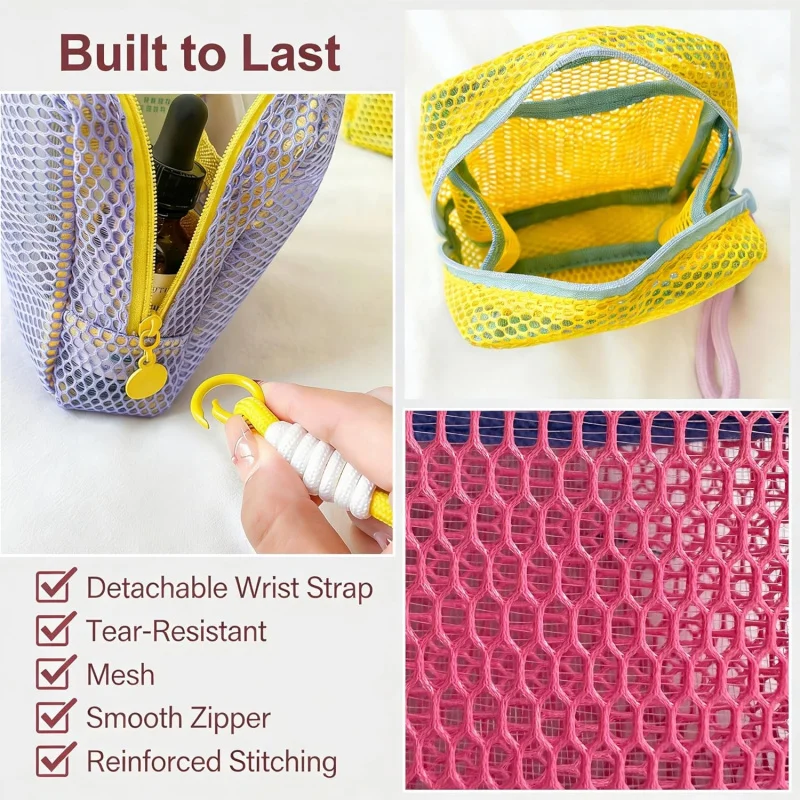 Small Mesh Beach Pouch Clear Cosmetic Bag with Detachable Wrist Strap Travel Organizer for Sunscreen Keys Cables image 4
